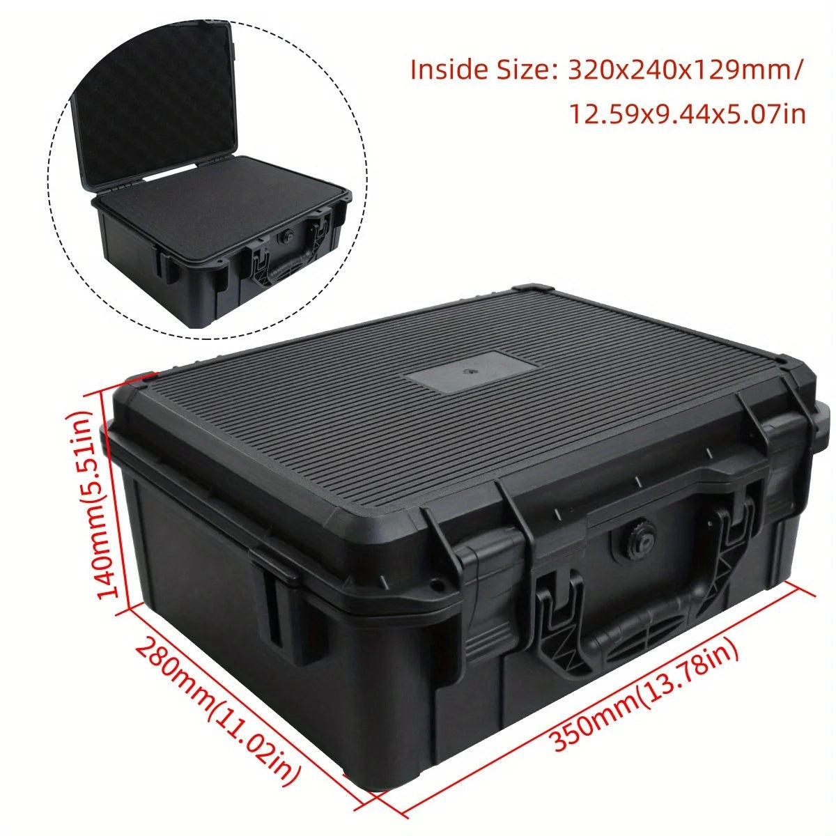Black universal portable tool box with shockproof carrying case shown from the top and side.