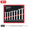 A set of 8 metric combination wrenches with sizes ranging from 6mm to 19mm displayed on a black and red tool panel.