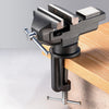 A heavy duty 360° rotating table vise with a metal clamp is shown mounted on a wooden surface.