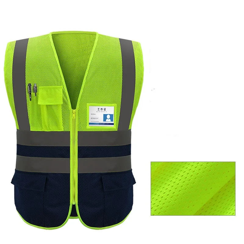 A bright lime green high-visibility reflective safety vest for cycling or motorcycling.
