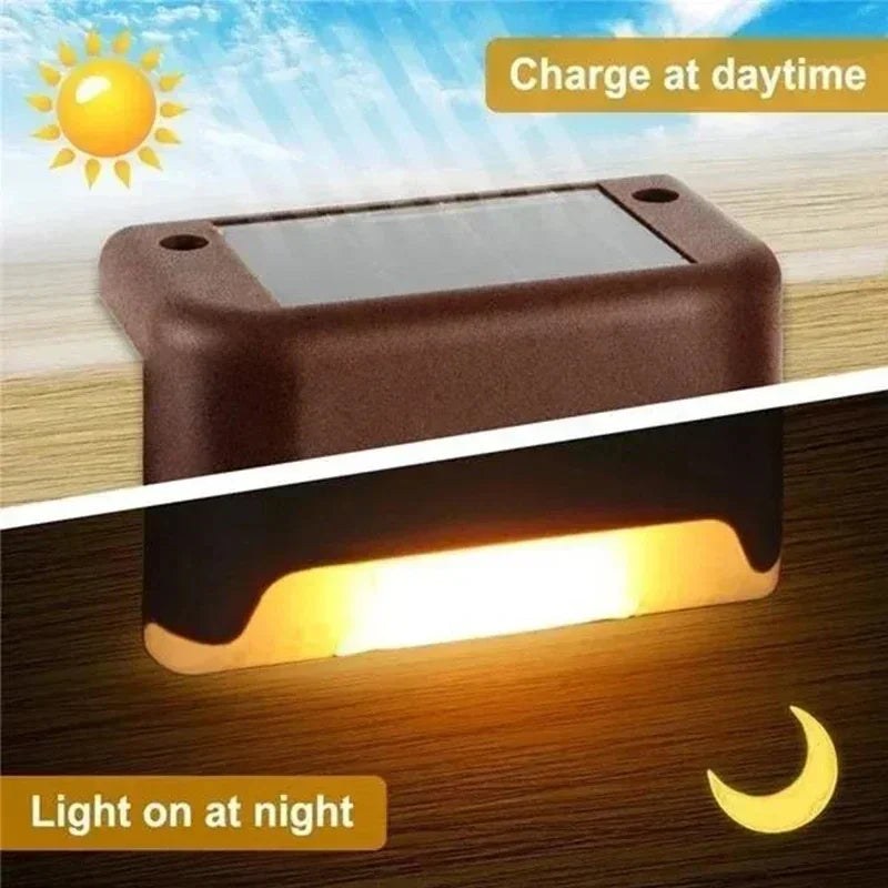 A solar LED outdoor light device is shown charging during the day and illuminating a surface at night.