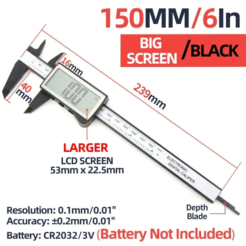 A black digital caliper with a 150mm scale and a large LCD screen is shown next to a ruler.