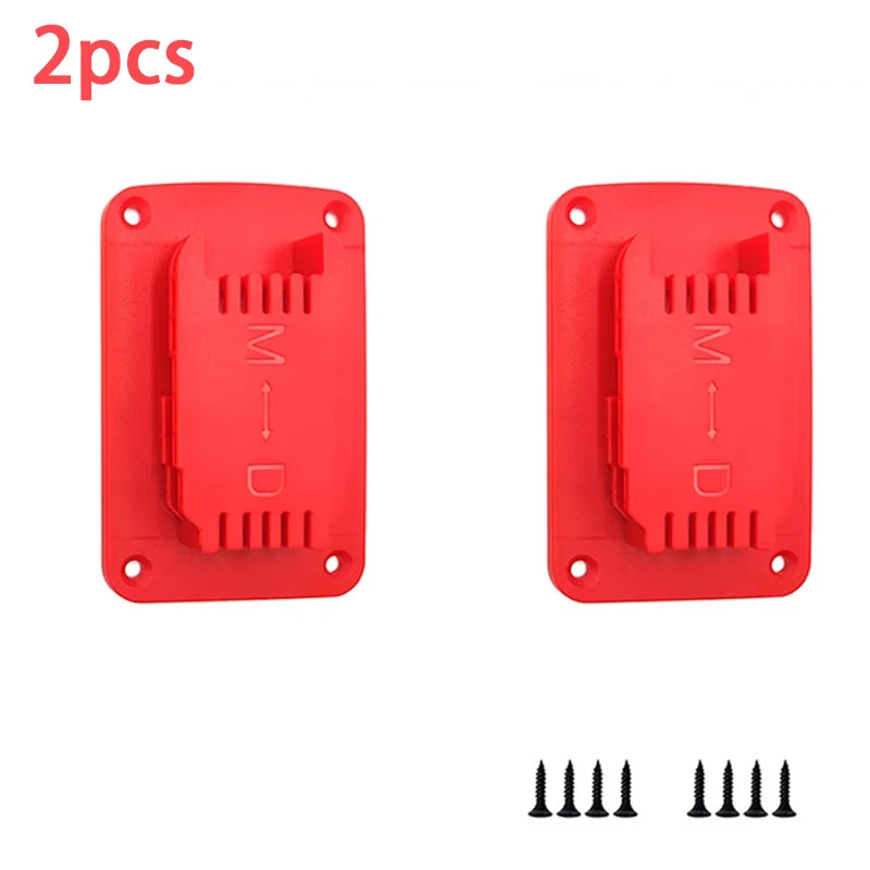 Two red heavy duty electric tool holder racks with mounting holes and pins.