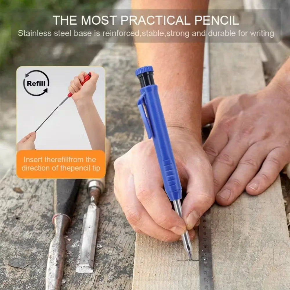 A hand holds a blue pencil with a refill, demonstrating how to insert the refill tip.