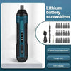 A black lithium battery screwdriver with a green grip and various screwdriver bits shown next to charging cables.