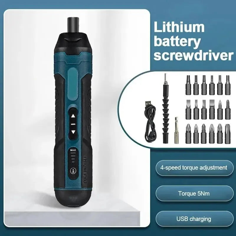 A black lithium battery screwdriver with a green grip and various screwdriver bits shown next to charging cables.