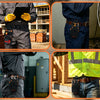 A person wearing dark work clothes is shown holding a small tool pouch with a quick release belt clip.