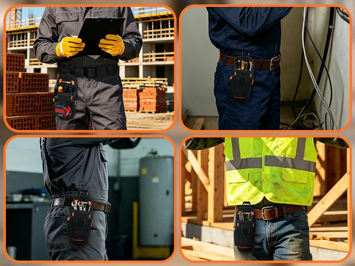A person wearing dark work clothes is shown holding a small tool pouch with a quick release belt clip.