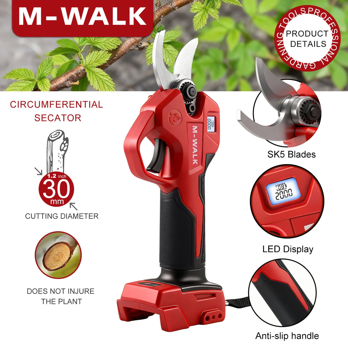 Red M-WALK circumential secator pruning shears with SK5 blades and LED display