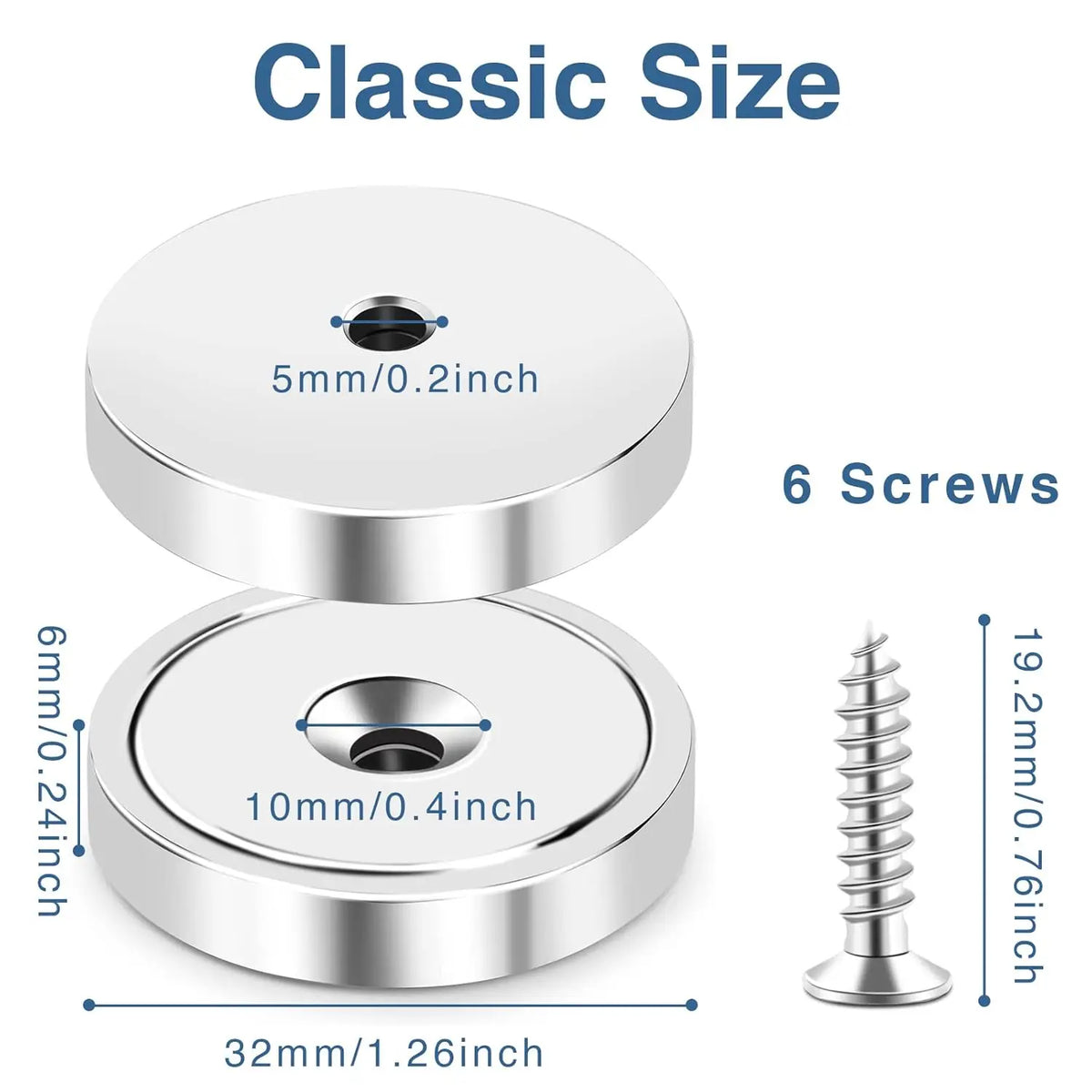 Silver disc magnets showing various sizes and a screw for DIY projects