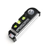 A black professional laser level and measuring tape set with illuminated green features.