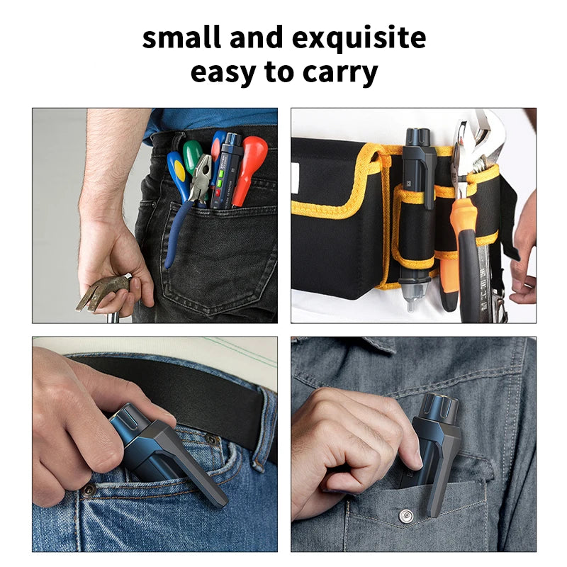A hand holds a digital non-contact voltage tester pen inside a jean pocket.