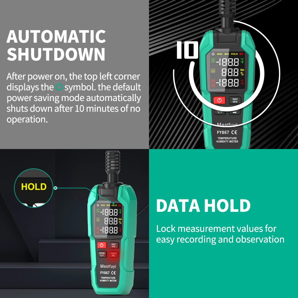 A green digital thermohygrometer device showing a temperature reading and features for automatic shutdown and data hold.