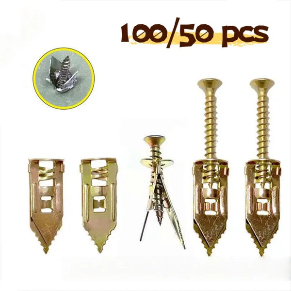 A set of 50 heavy-duty self-drilling drywall anchors and a small drill bit shown for sale.