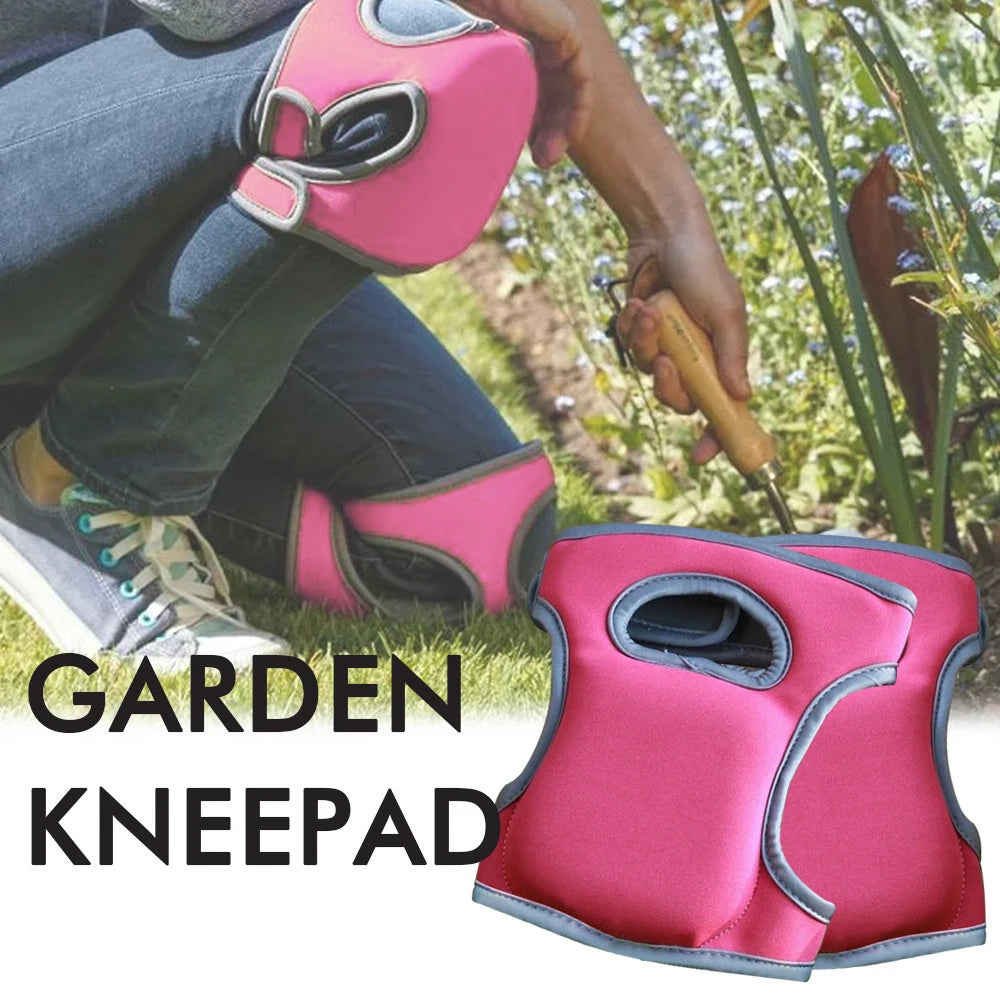 A pink garden kneepad is shown being worn on a knee outdoors.