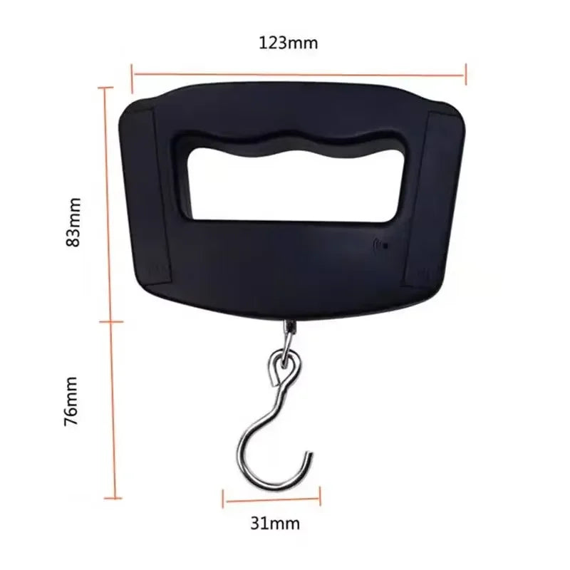 A black portable luggage scale with a handle and hanging scale, shown with dimensions.