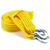 Yellow heavy duty tow rope coiled and displayed against a white background.