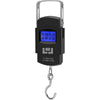 A black portable digital fishing scale with a metal hook and display.