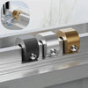 Close-up of adjustable aluminum window lock stoppers in silver, black, and gold finishes mounted on a metal frame.