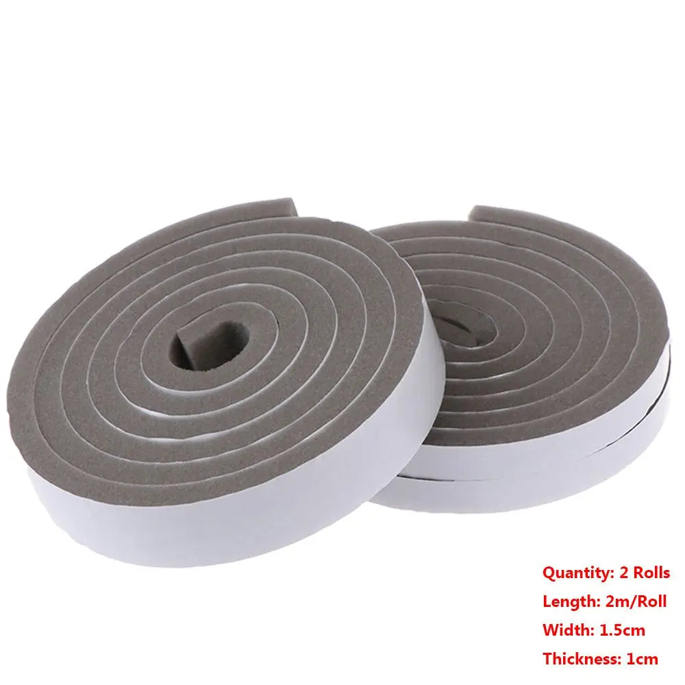 Two rolls of self-adhesive foam weather stripping tape shown with dimensions 2m length, 1.5cm width, and 1cm thickness.