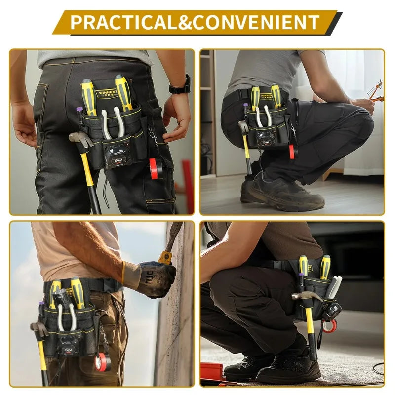 Una resistente bolsa de herramientas para electricista siendo utilizada por una persona en varios contextos.