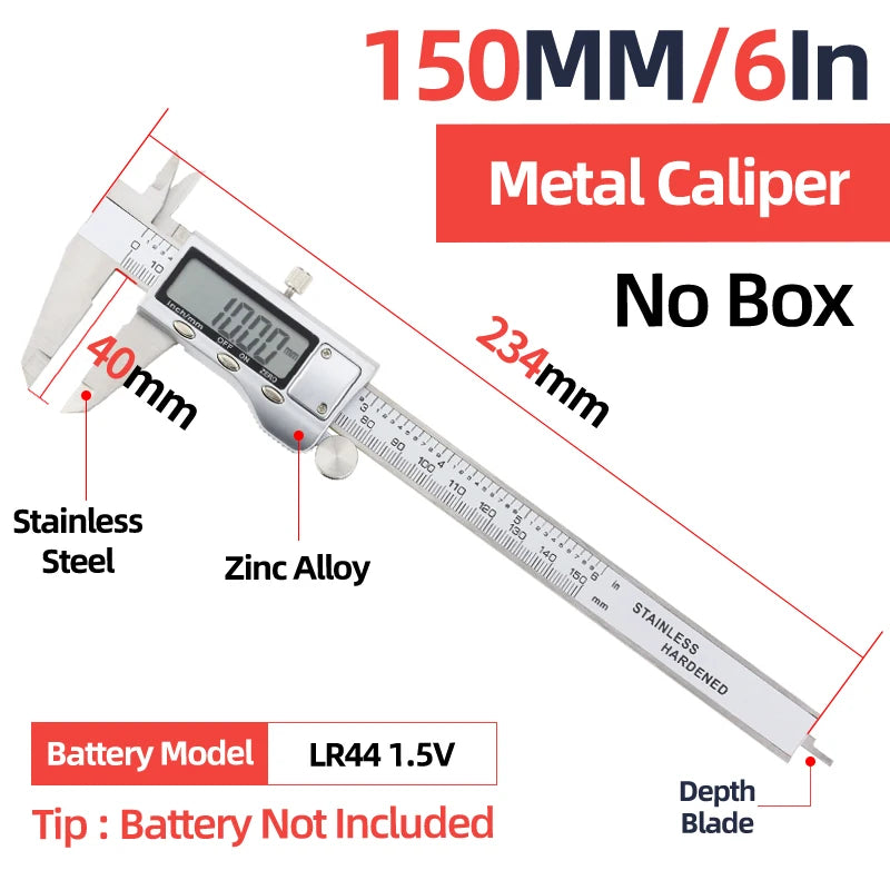 Calibrador metálico de plata con pantalla digital y marcas, modelo 150MM/6in, sin caja.