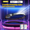 A black LED headlamp worn on a wrist strap, displayed in a futuristic blue light setting.