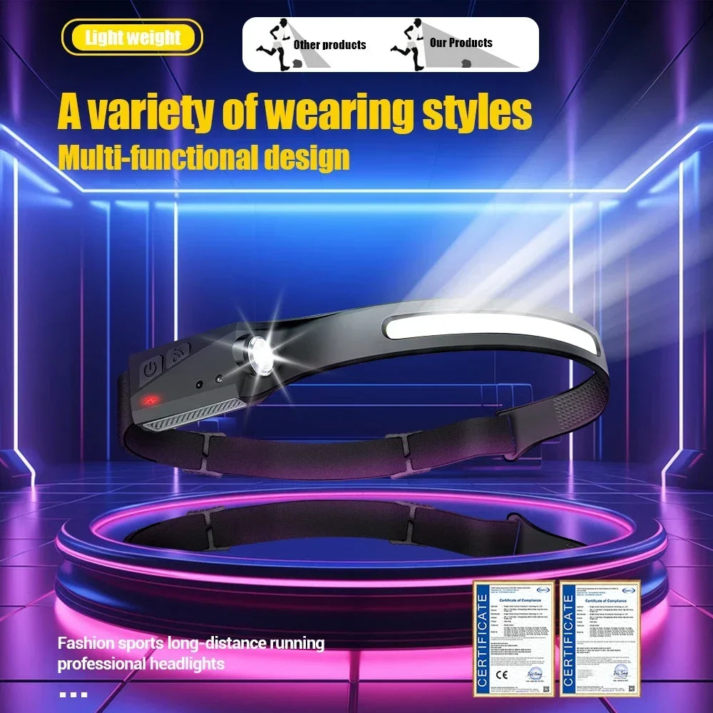 A black LED headlamp worn on a wrist strap, displayed in a futuristic blue light setting.