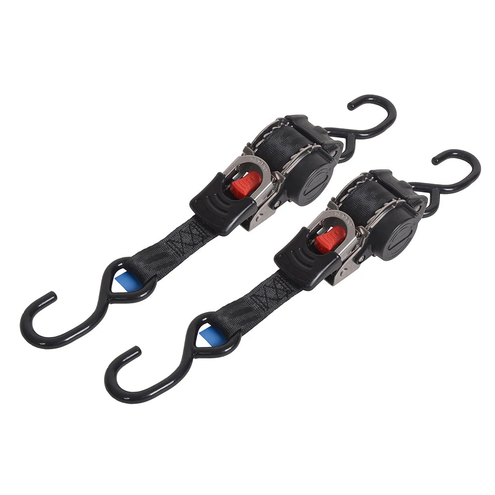 A pair of heavy duty stainless steel ratchet tie-down straps with black leather straps and blue accents.