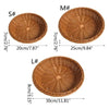 Three natural rattan woven serving baskets labeled S, M, and L showing different diameters.