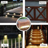 Various outdoor lighting installations featuring solar LED lights on wooden decks, fences, and steps.