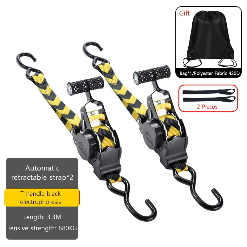 Black heavy duty retractable strap with T-handle and yellow striped fabric for tie down