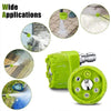 A set of six adjustable pressure washer nozzles in lime green and silver, shown with various spray patterns.