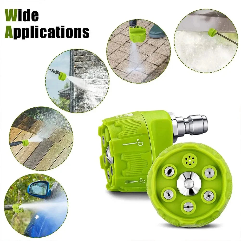 A set of six adjustable pressure washer nozzles in lime green and silver, shown with various spray patterns.