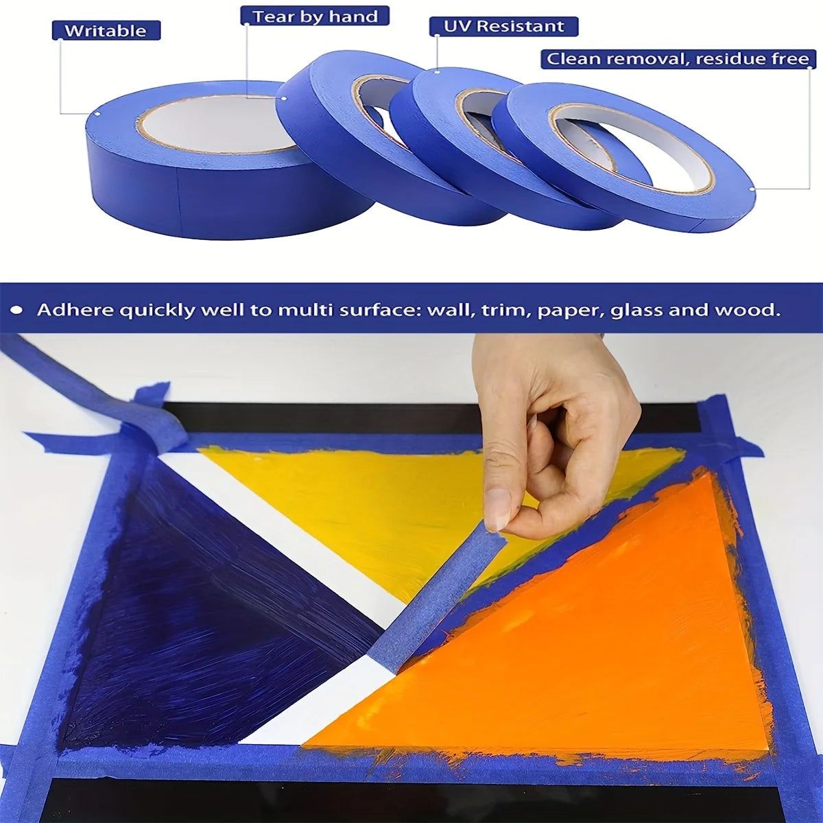 Rolls of blue painter's masking tape demonstrating its adhesive properties on various surfaces like wood, glass, and paper.