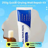 A tube of white quick-drying wall repair paste with labels indicating uses like nail, wall damage, and crack repair.