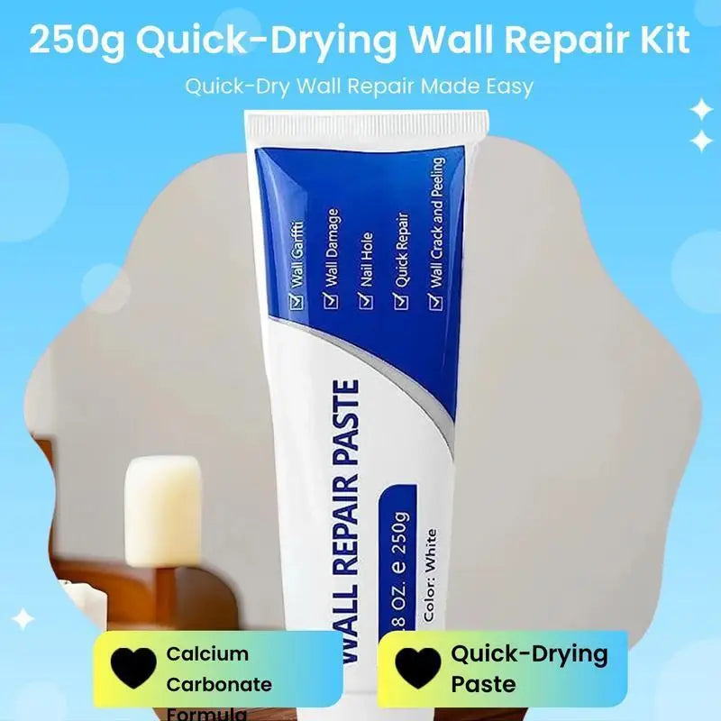 A tube of white quick-drying wall repair paste with labels indicating uses like nail, wall damage, and crack repair.