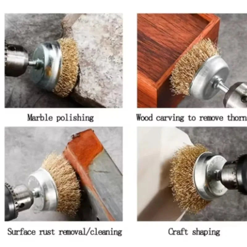 Images showing various applications of a precision wire brush set for tasks like marble polishing, wood carving, surface rust