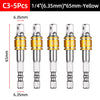 Five yellow 1/4 inch socket adapters with 65mm length and 6.35mm diameter.