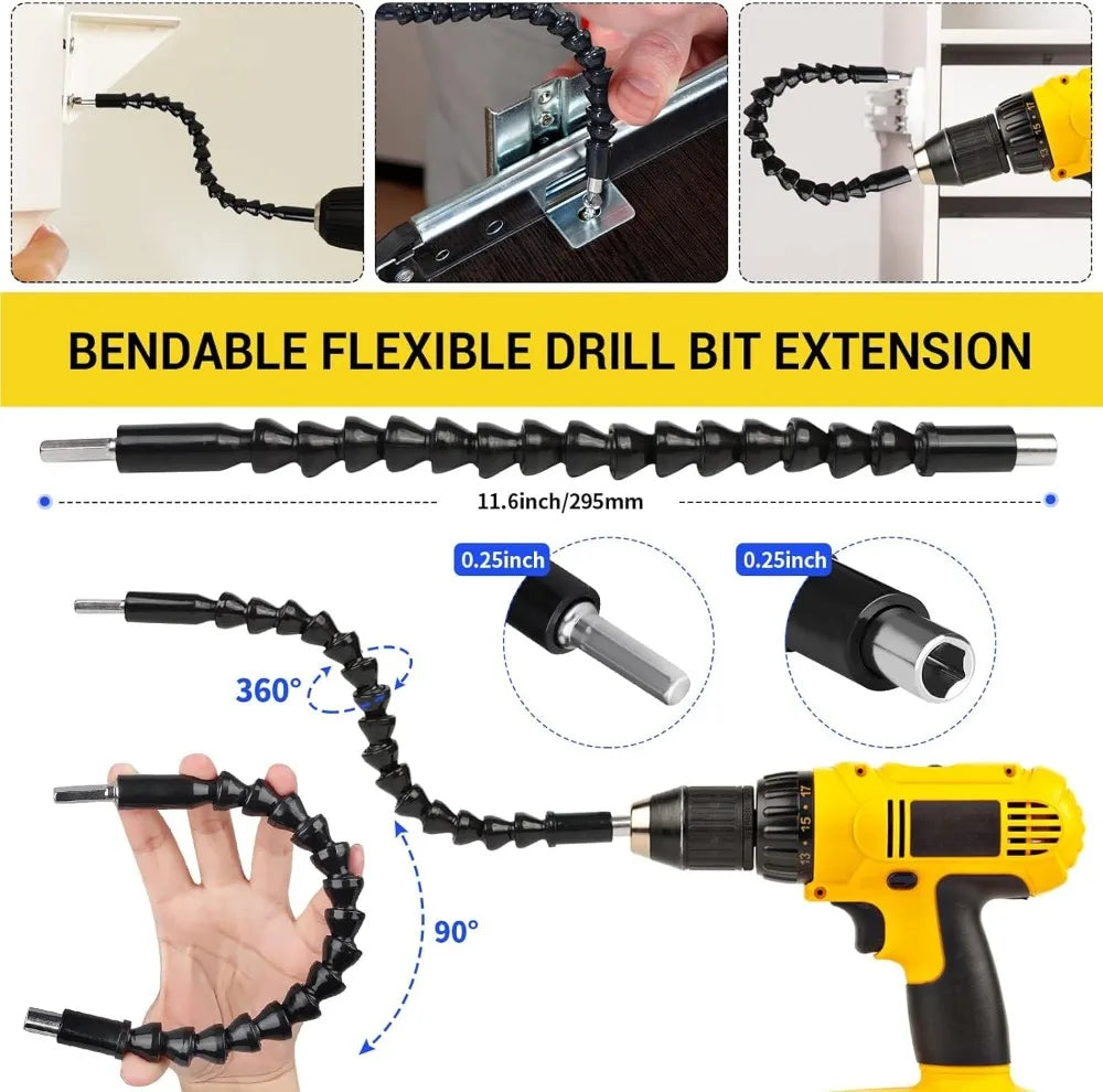 A black bendable drill bit extension set shown with various applications and usage angles.