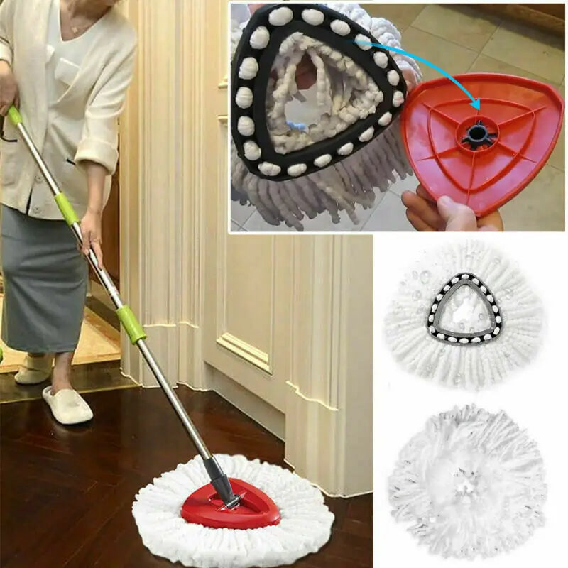 A 2-in-1 microfiber mop refill with a handle and a red cleaning head, shown alongside its disassembled components.