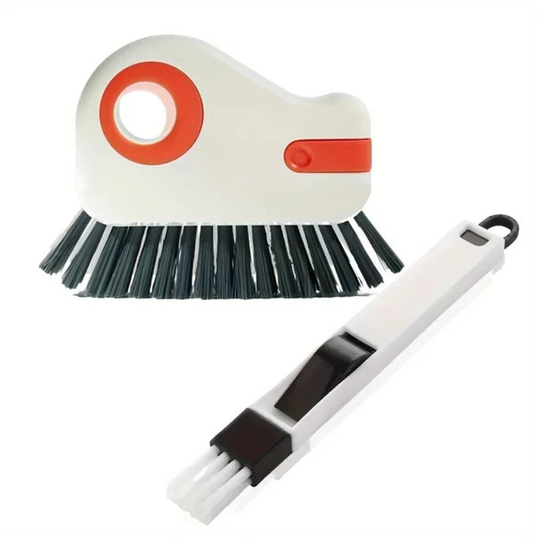 A white and orange 2-piece window track cleaning brush set with a flat brush and a long handle.