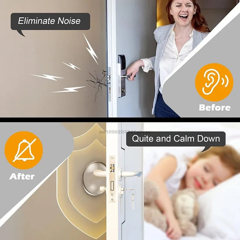 Before and after comparison showing silicone door handle bumpers protecting a wall from noise and ensuring a quiet environmen