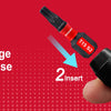 A hand is shown inserting a red and black screwdriver into a tool, demonstrating a quick change release mechanism.