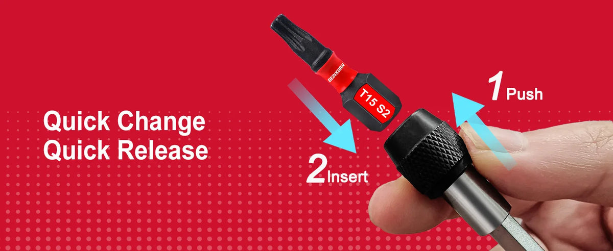 A hand is shown inserting a red and black screwdriver into a tool, demonstrating a quick change release mechanism.