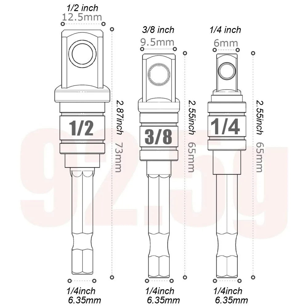 Diagram showing various 1/2, 3/8, and 1/4 inch impact socket adapters with corresponding sizes.