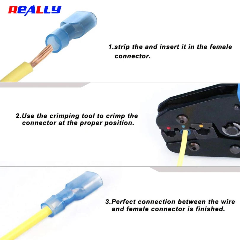 Step-by-step guide showing how to strip, crimp, and connect an insulated wire to a female connector.