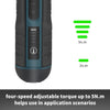 A close-up view of a black and teal cordless electric screwdriver with four speed adjustments indicated by green bars.
