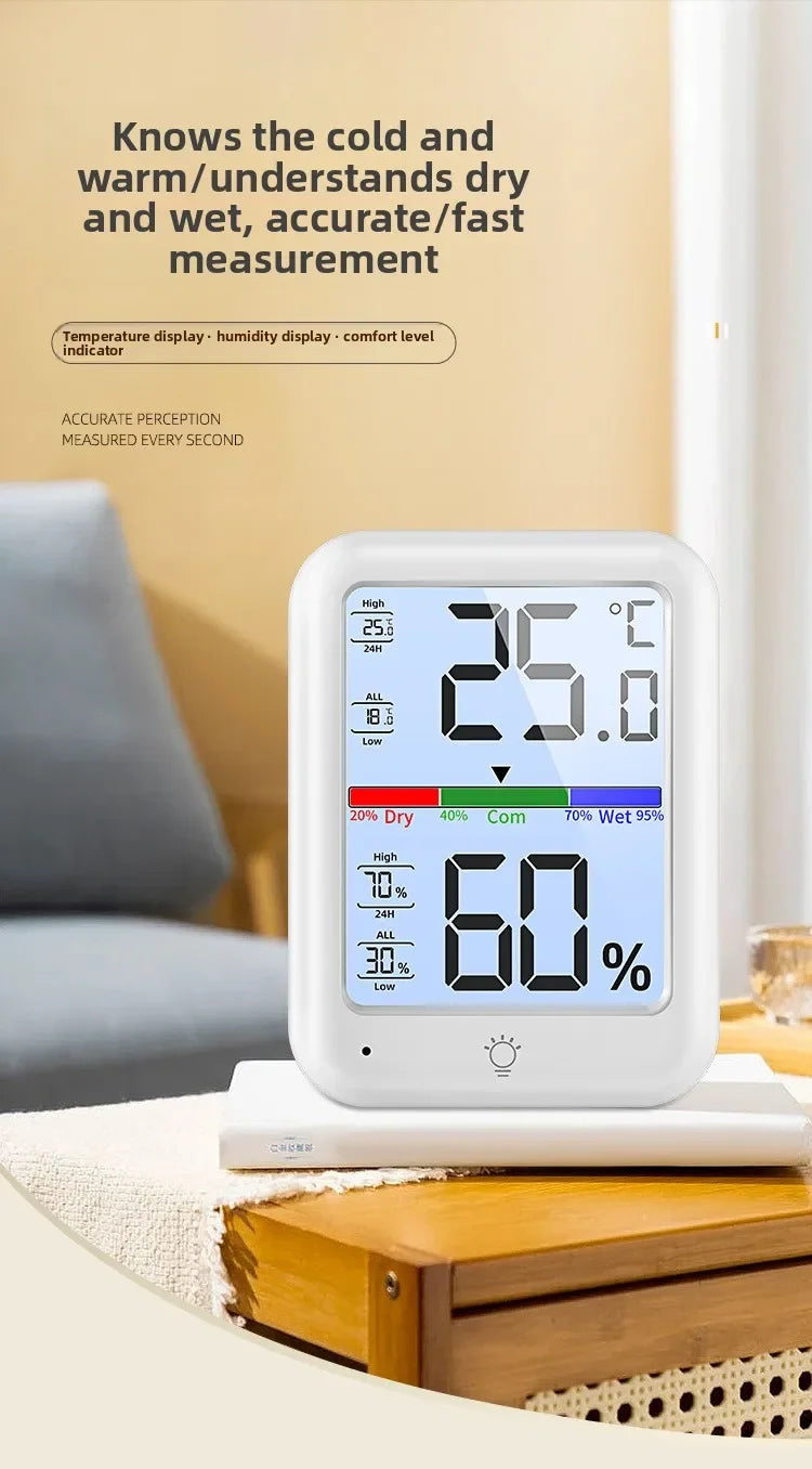 Termómetro digital y medidor de humedad blancos mostrando 25.0 °C y 60% de humedad sobre una superficie de madera.