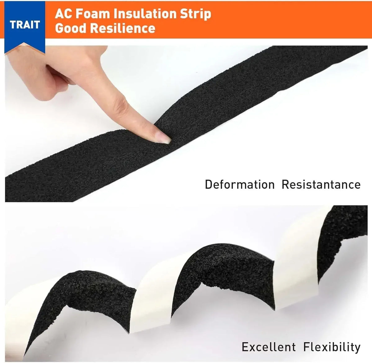Black foam insulation strip demonstrating good resilience and excellent flexibility.